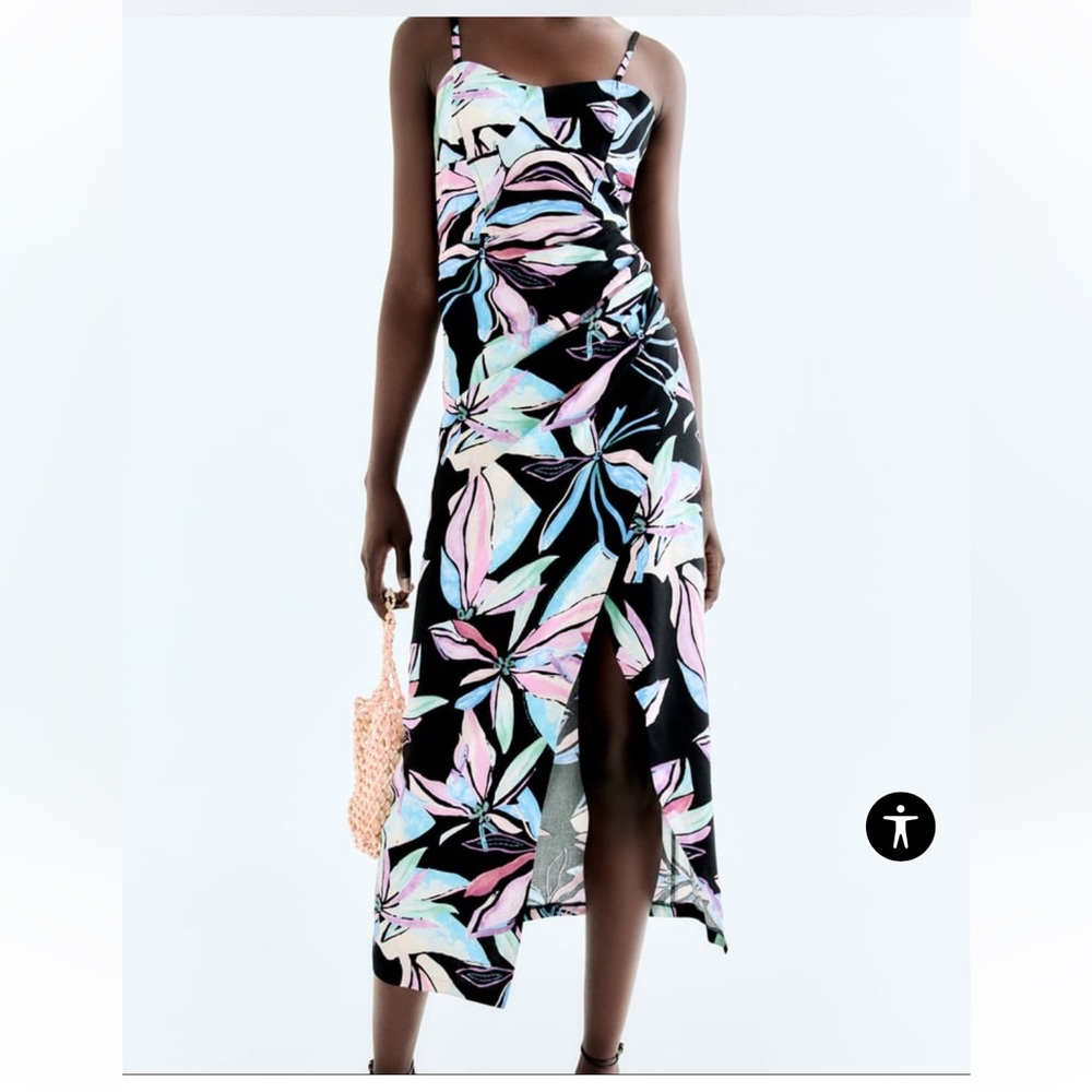 ZARA LINEN BLEND TROPICAL PRINT CORSET DRESS
